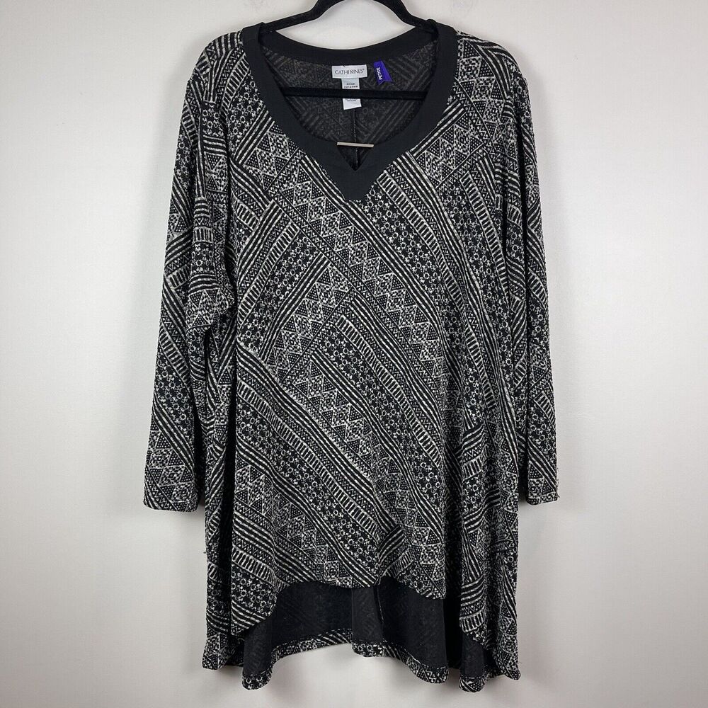 Catherines Womens Tunic Top 2X Petite Black Print Blouse Mature Career Stretch